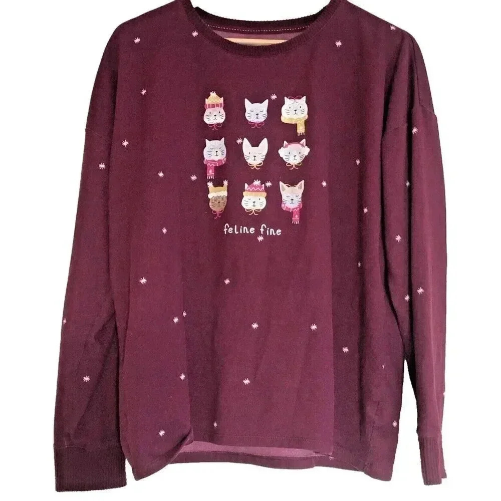 CATS Vintage Y2k Pajama Top MEOW! Animal Sweater Maroon Womens Large